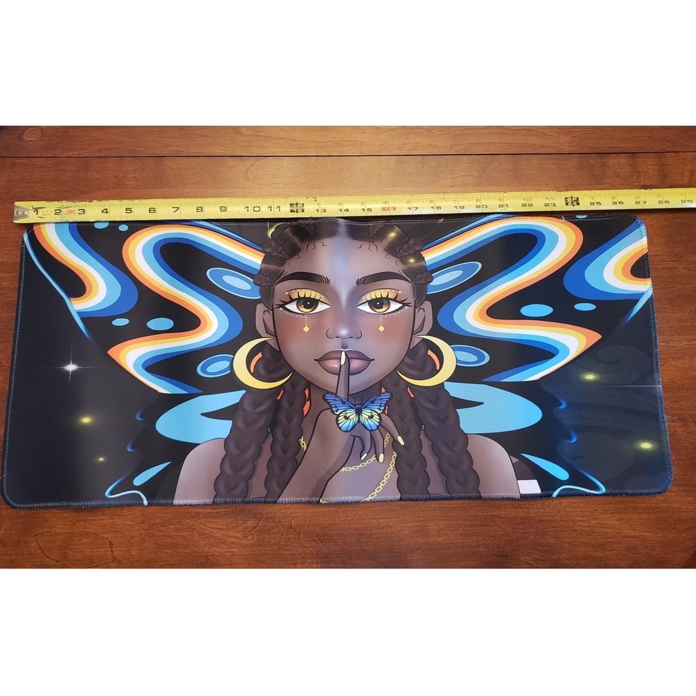 Large Gaming Desk Mat Black Woman Butterfly Cosmic Art Extended Mouse Pad 27x12 - Picture 2 of 4